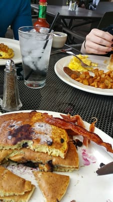 Blueberry pancakes, the top one was dry from being under the warmer. Blueberries were frozen, not fresh. The other dishes also lackluster.