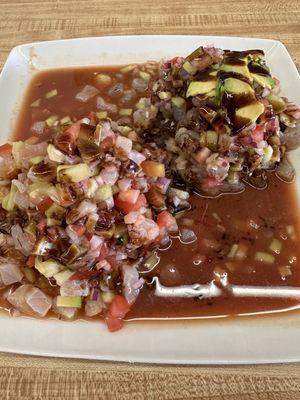 Tostada de ceviche de camarón y pescado