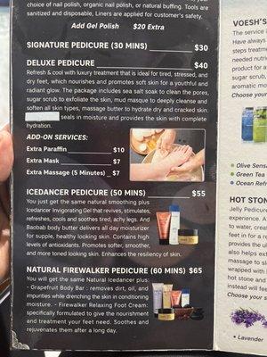 Pedicure menu