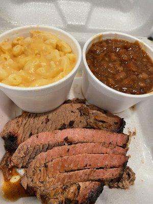 Brisket, Mac and Cheese, and Baked Beans.