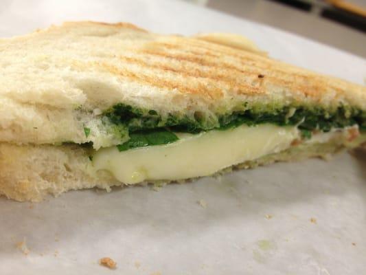 Grilled cheese avocado pesto sandwich made with mozzarella and goat cheese