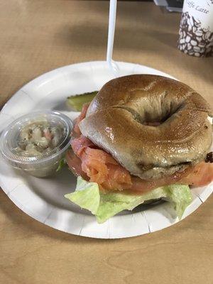 Bagel and Lox with pickle and macaroni salad plate.  hits the spot!