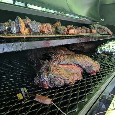 Pork Belly Burnt Ends (up top), & Texas Style Coffee Rubbed Brisket