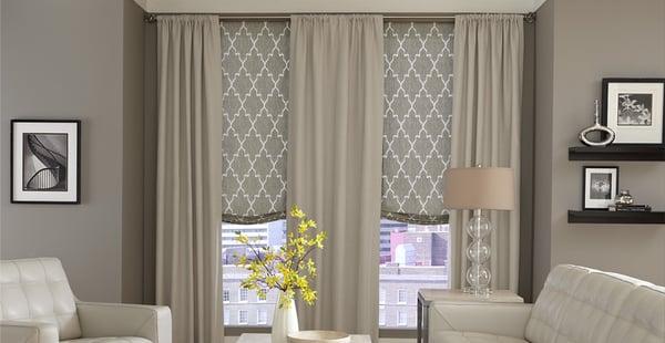 Gathered Panels over soft Roman shades