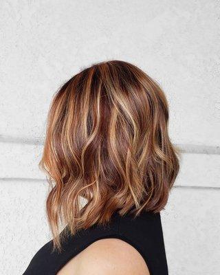 Lob cut with mahogany red, copper and blonde blend.