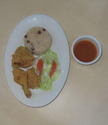 Fry Chicken with Rice and Peas and Jamaican Chicken Sauce