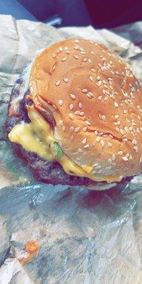 A photo of the 'Double Whopper with Cheese', boasting perfect assembly, at a respectable temperature. 5 Stars.