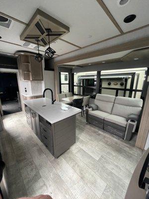 Inside a grand Design Momentum Toyhauler