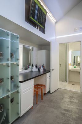 There is a communal vanity area with blow dryers and styling products for those that need a bit more time after their shower.