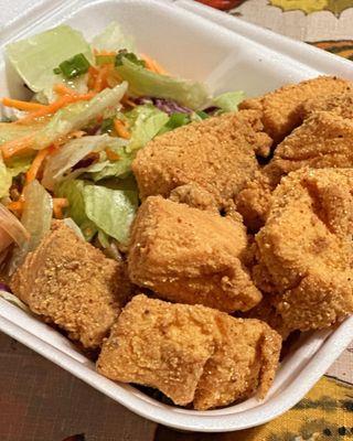 Salmon nuggets and salad