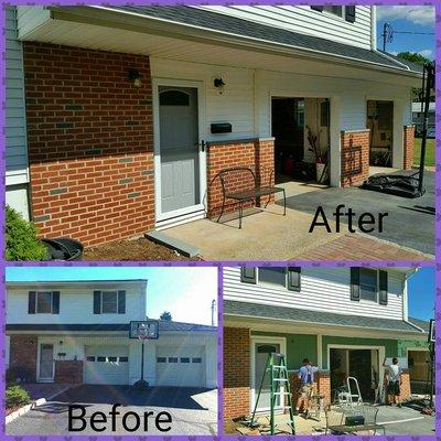 Front door/storm door installation, new brickface and siding.