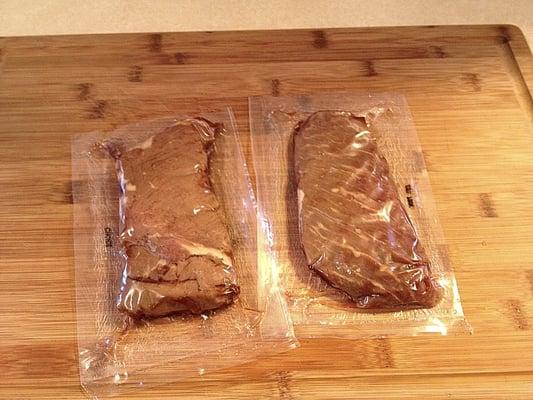 Defrosted steaks in bags