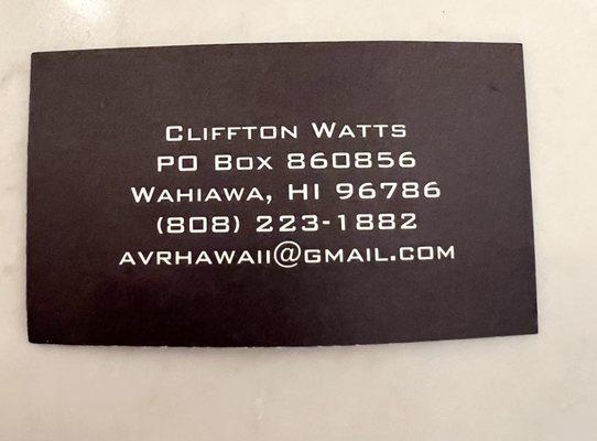 Cliff's business card - his new address is in town