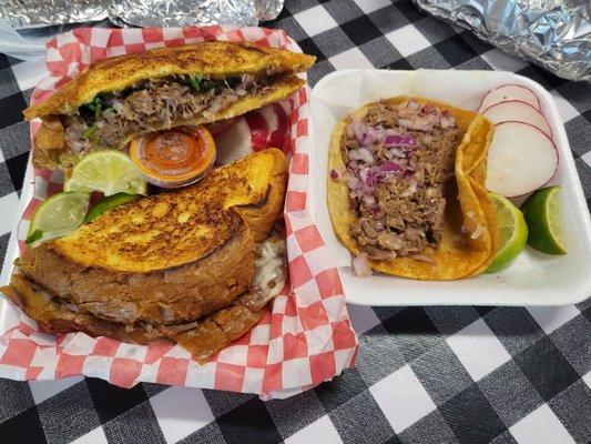 Grilled cheese and birria taco