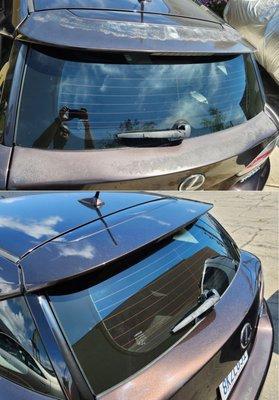 Rear spoiler and hatch faded in the top (before) picture. Bottom picture repainted.