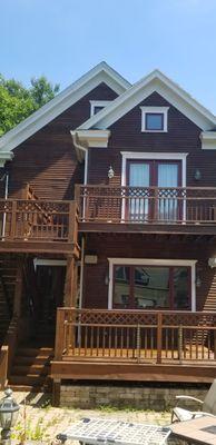 Cedar siding and deck staining.  We used dark oak color.