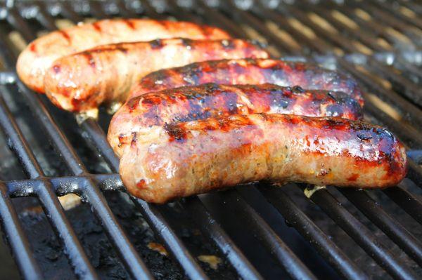 Whole hog bratwurst grilled and ready to serve.