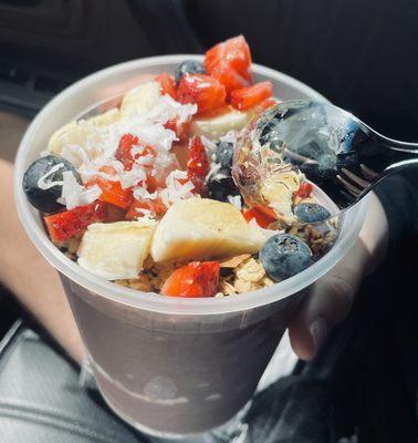 Açaí Bowl with protein powder, granola, blueberries, strawberries, bananas, and coconut