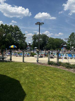 View of the pool from one of the lawn areas.