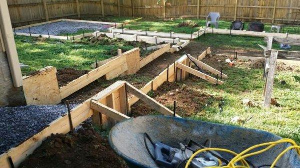 Concrete formwork for stairs, patio, and storage shed