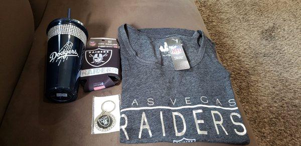 Raider tank top & key ring, Dodger cup & a Raider can cooler