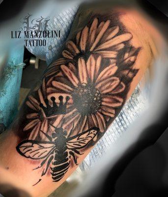 black and grey flowers and queen bee. by liz mandolin