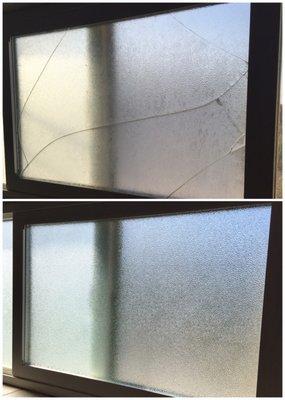 Broken bathroom window on top and brand new window on the bottom