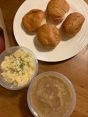 Mashed potatoes, gravy and homemade dinner rolls