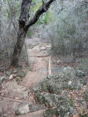 Steep downhill. Need to be nimble as the worn limestone can be slick.