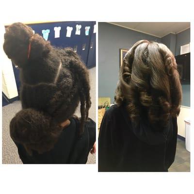 Before and after of a girl who had knots throughout her hair. It took several hours to untangle .