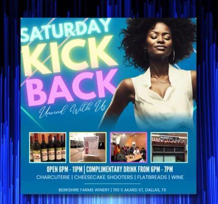 Join us this Saturday at Berkshire Farms Winery for Saturday's Kickback!! Wine by the Glass. Complimentary glass of wine 6pm-7pm