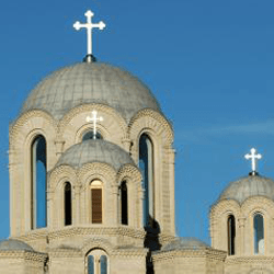 Domes, cross, and bell tower at St. Sava Church in  Merrillville, Indiana.