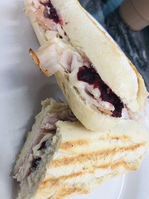 Turkey and Brie with cranberry on a panini (they were out of baguettes)