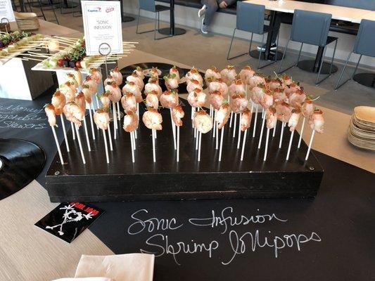 "Sonic Infusion" Shrimp lollipops.  Last minute add with a perfectly seasoned cocktails sauce topper