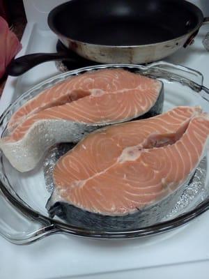 Thick, juicy salmon steaks, $5.99/pound