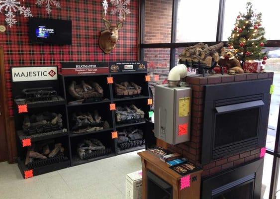 Visit our showroom to see live burning propane heaters and gas logs