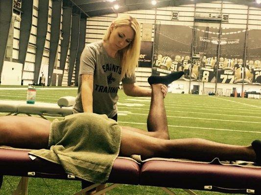 Ashlea at work at the New Orleans Saints practice facility.