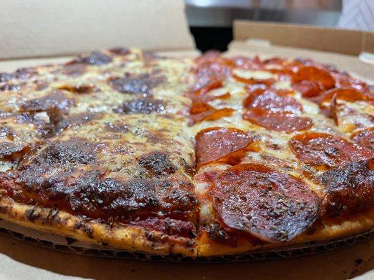 Thin crust - half pepperoni half sausage