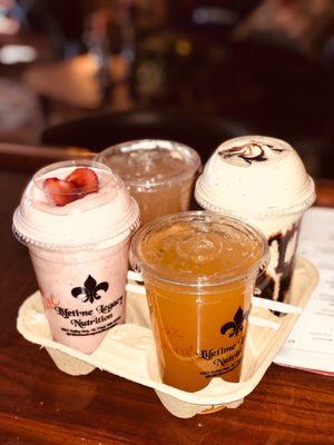 Strawberry Delight, Cookies and cream shakes. Energy Tea Bombs