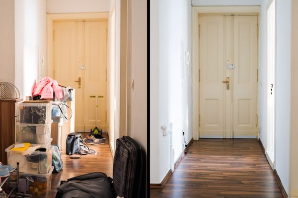 Before and after. A decluttered room was completely transformed with the floors shiny and sparkly.