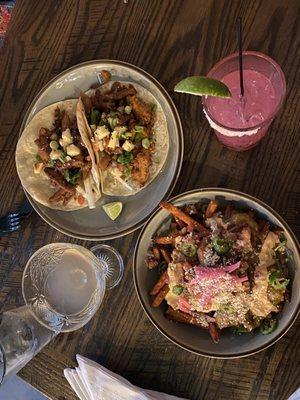 Thai Chicken Tacos and Sweet Potato Poutine