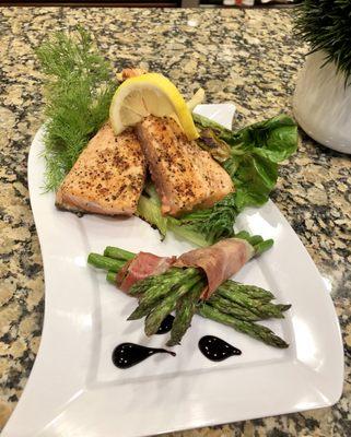 Fennel,crusted salmon with prosciutto wrapped asparagus and balsamic reduction