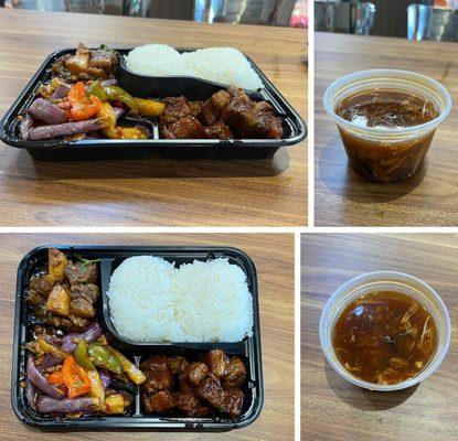 3 Entree Combo; comes with a choice of Soup (Beef, Pork Belly, Sautéed Eggplant & Veggies) $14