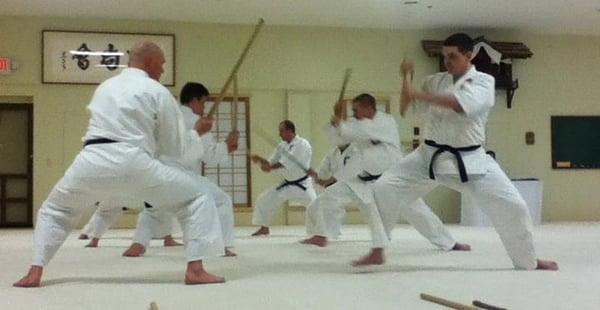 Weapons demonstration. Three weapons are used in Yoshokai Aikido, wooden sword(Bokken), dagger(Tanto), and staff (Jo)