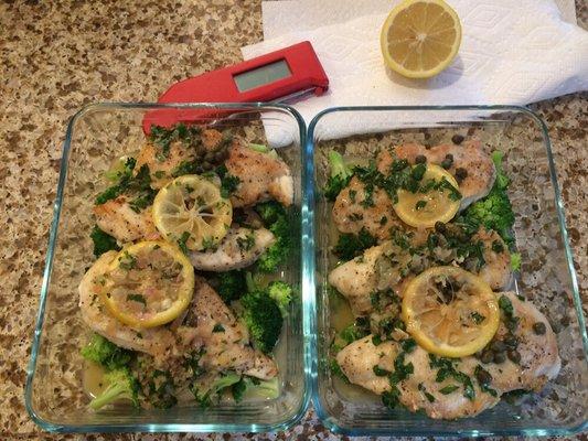 Paleo chicken piccata on bed of broccoli