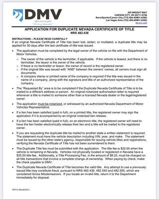 Application for duplicate title form at DMV requires a notarization.