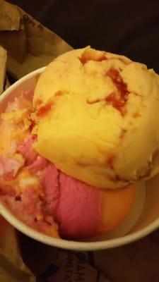 3 scoops Rainbow sherbet Greek Sunset (frozen yogurt) and my standard Pralines & Cream