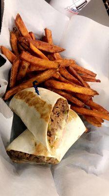 Philly cheesesteak wrap and sweet potato fries!! AMAZING