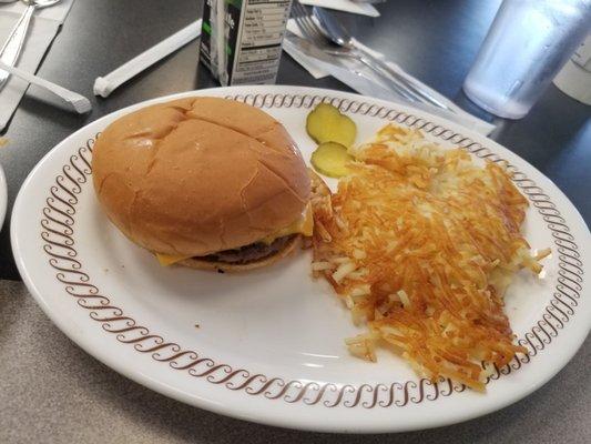 Kids cheeseburger and hashbrowns