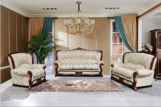 Charlemagne Gold & Ivory fabric upholstery with Chestnut finish solid wood frame